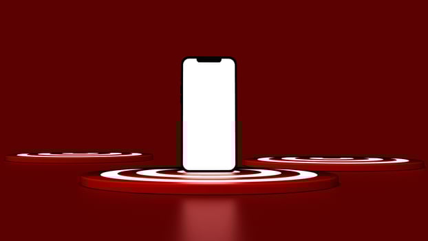 Smartphone on the dartboard in red background. Business concept. 3D Illustration. photo