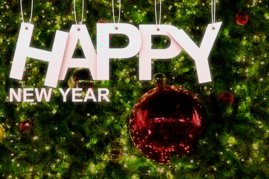 Happy New Year concept with paper cuted on ropes on lighting christmas tree background., 3D rendering. photo