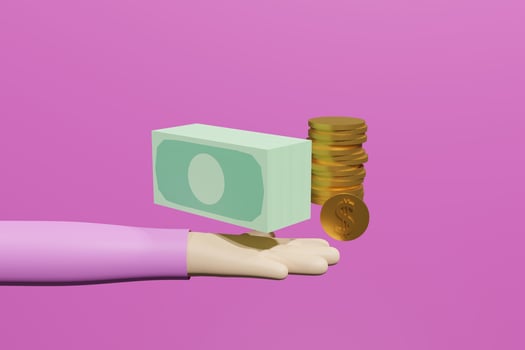 Money in the hand of a 3D illustration cartoon character that indicates that we can earn money with our own hard work. photo