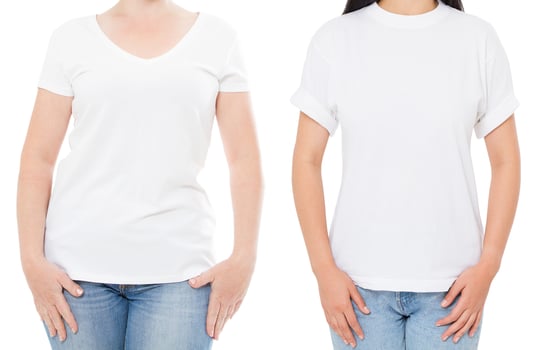 Woman white t shirt mockup, set empty blank tshirt, girl in blank t-shirt copy space, White tshirt isolated on white background collage or set photo