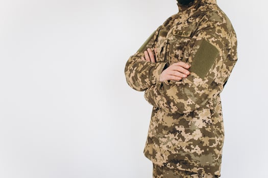 Portrait of a Ukrainian soldier in military uniform on a white background photo