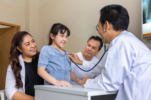 Asian doctor is diagnosis young girl using stethoscope for lung checkup and side effect on coronavirus with parent and family in her appointment in hospital concept photo