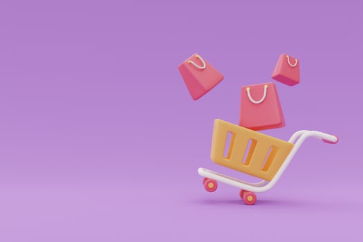 Shopping cart with bags, Flash sale promotions concept on purple background, 3d rendering. photo