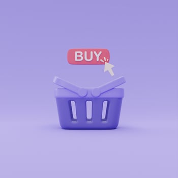 3d shopping basket with click Buy button on purple background, Online shopping concept, 3d rendering. photo