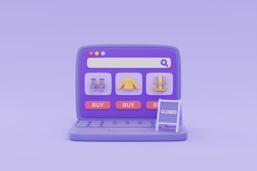 Online shopping store on laptop with CLOSED sign on purple background, digital marketing promotion, 3d rendering. photo