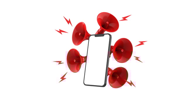 Mobile Phone and megaphone, loudspeaker background. 3D illustration. photo