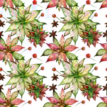 Christmas watercolor seamless pattern with poinsettia and red berry and anise star photo