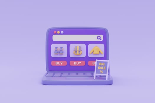 Online shopping store on laptop with BIG SALE sign on purple background, digital marketing promotion, 3d rendering. photo
