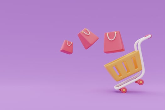 Shopping cart with bags, Flash sale promotions concept on purple background, 3d rendering. photo