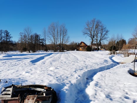spring day in the Russian village snow well blue sky photo
