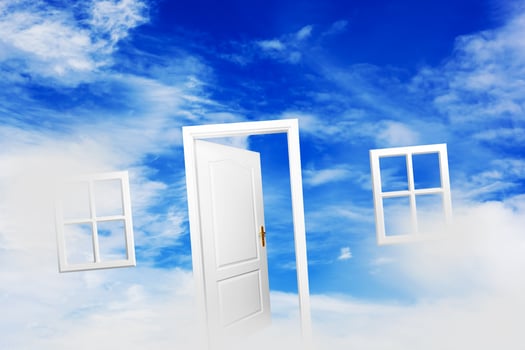 Open door on blue sunny sky. New life, success, hope. photo