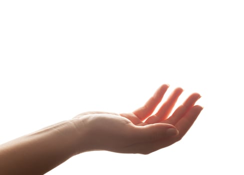 Hand in gesture of holding, giving. Strong backlight, isolated on white photo