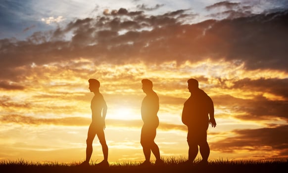 Three men silhouettes with different body types on a sunset sky photo