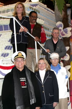 LOS ANGELES, DEC 30 - Top L-R Jill Whelan, Ted Lange, Fred Grandy Bottom L-R Gavin MacLeod, Lauren Tewes, Bernie Kopell at the Original Love Boat Cast decorates Princess Cruises Rose Parade Float at a Rosemont Pavilion on December 30, 2014 in Pasadena, CA photo