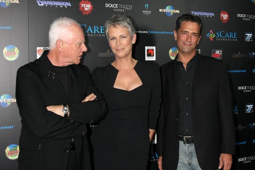 LOS ANGELES, OCT 30 - Malcolm McDowell, Jamie Lee Curtis, Malek Akkad at the sCare Foundation Halloween Launch Benefit at Conga Room  LA Live on October 30, 2011 in Los Angeles, CA photo
