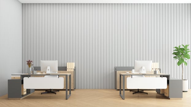 Minimalist office room with wood desk set, gray wall and wood floor. 3d rendering photo