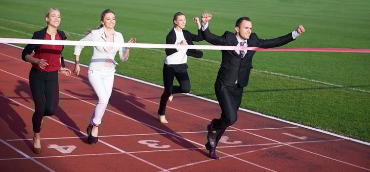business people running on racing track photo
