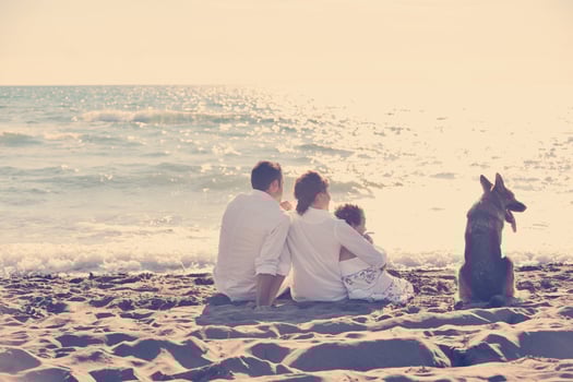 happy family playing with dog on beach photo