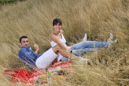 happy couple enjoying countryside picnic in long grass photo
