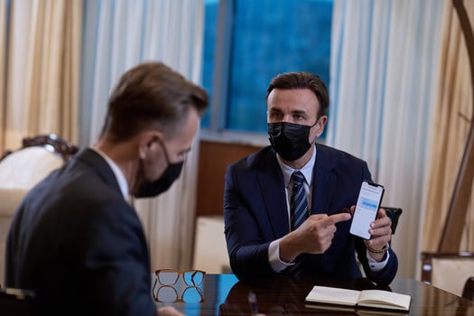business people wearing crona virus protection face mask on meeting photo