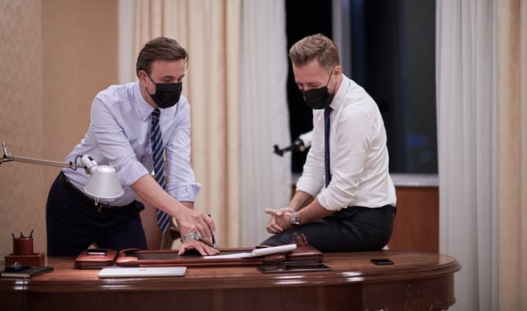 business people wearing crona virus protection face mask on meeting photo