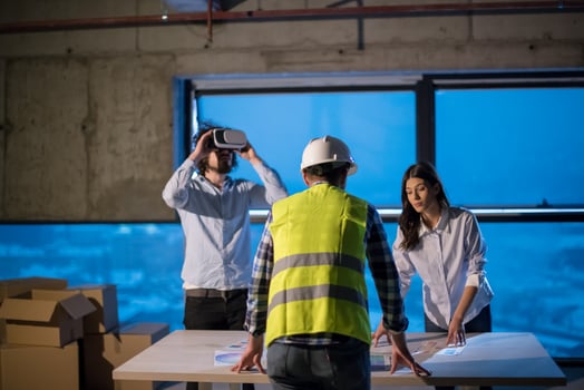 business people in group, architect and engineer on construction site photo