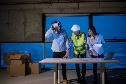 business people in group, architect and engineer on construction site photo