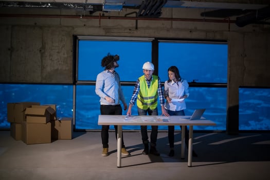 business people in group, architect and engineer on construction site photo