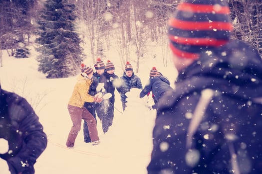 group of young people making a snowman photo
