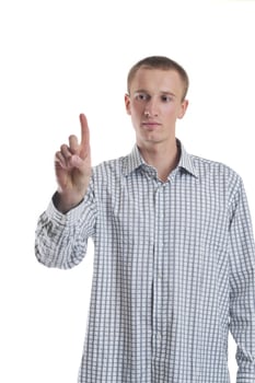 handsome young business man touching screen isolated photo