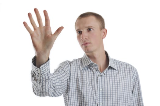 handsome young business man touching screen isolated photo