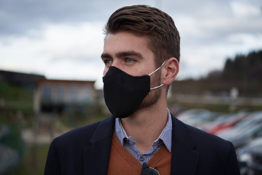 business man wearing protective face mask at luxury office photo