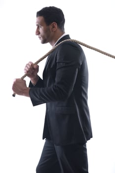 business man with rope isolated on white background photo