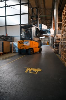 Turkey, 2022 - Forklift loader in storage warehouse ship yard. Distribution products. Delivery. Logistics. Transportation. Business background photo