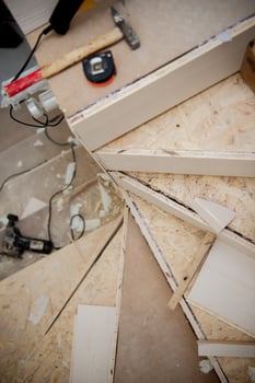 work in progress on stylish interior with wooden stairs photo