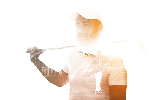 Double exposure of senior golf player photo