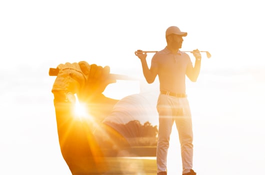 Double exposure of senior golf player photo