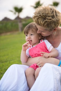 mother and little daughter playing at backyard photo