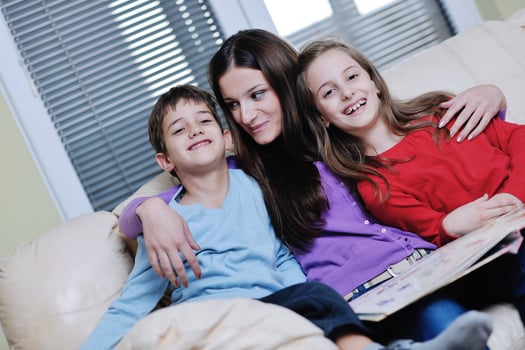 young mom play with their kids at home and reading book photo