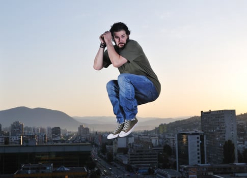 man jump outdoor sunset photo