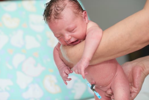 Grandmother is bathing Newborn baby girl photo