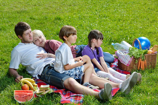 Happy family playing together in a picnic outdoors photo