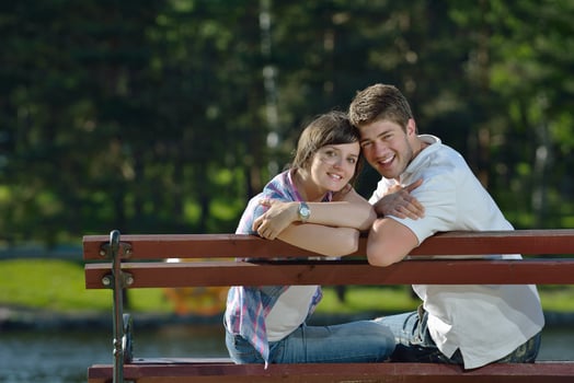 romantic young couple in love together outdoor photo