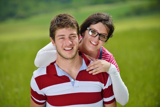 romantic young couple in love together outdoor photo
