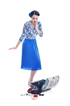 pinup retro  woman with travel bag isolated photo