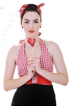 happy woman with lollipop isolated on white photo