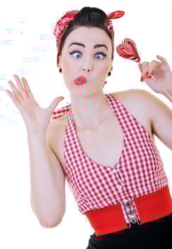 happy woman with lollipop isolated on white photo
