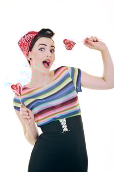 pretty young happy woman with travel bag waiting and posing isol photo