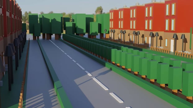 street with buildings and trees low poly photo