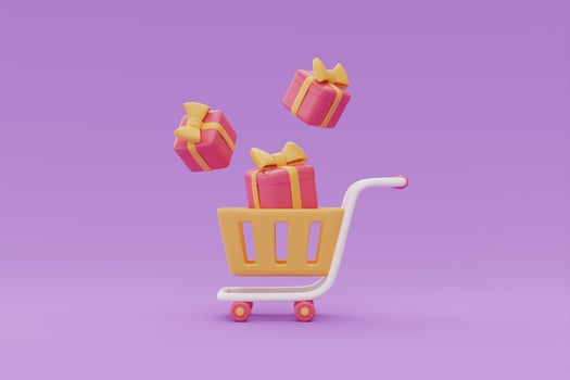 Shopping cart with gift boxes, Flash sale promotions concept on purple background, 3d rendering. photo